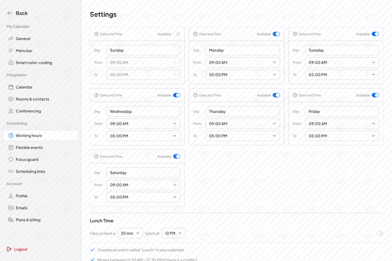 Settings - working hours