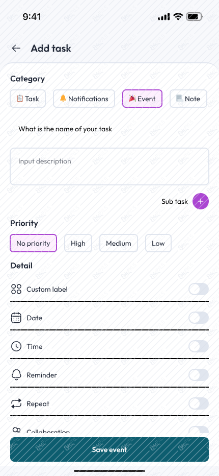 Add task (Select Event)