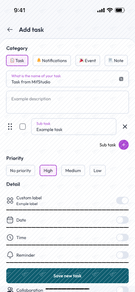 Add task (Custom label active)