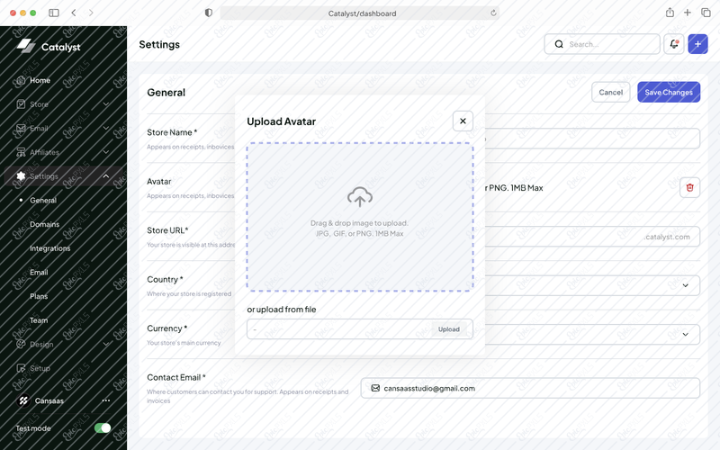 Catalyst - Settings - upload