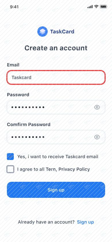 Sign up/Enter text