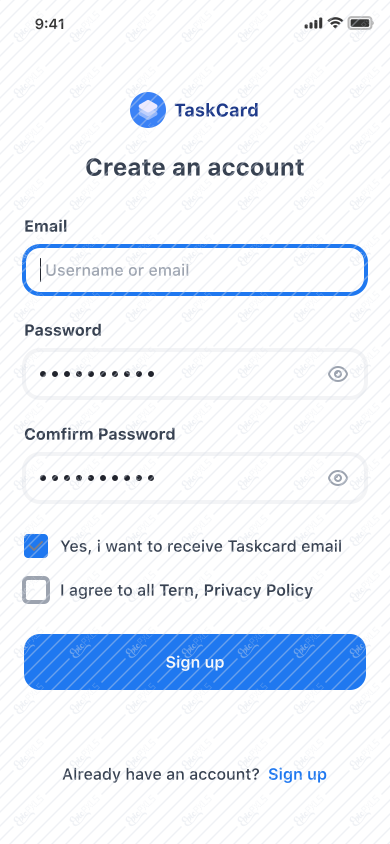 Sign up/Enter text