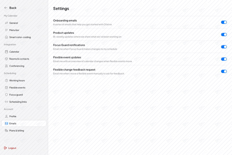 Settings - emails
