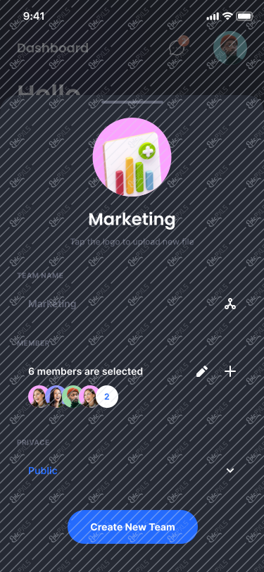 Add/Create Team/Members Selected