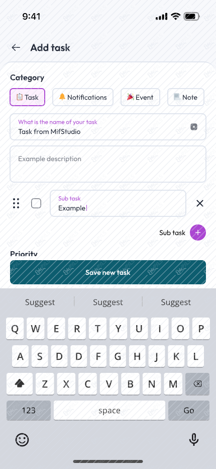 Add task (Input sub task typing)