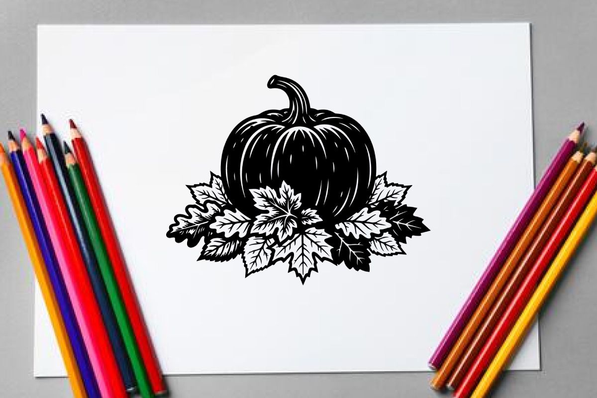 Black Pumpkin with Leaves for Halloween or Autumn Decor
