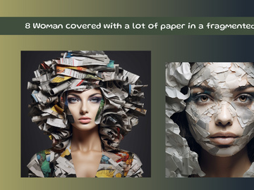 Woman covered with a lot of paper in a fragmented style