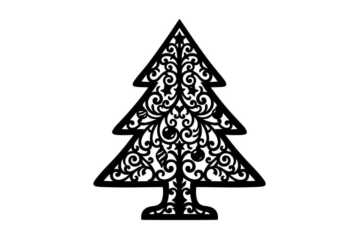 Siluet pohon Natal hitam dengan pola filigree dekoratif pada latar belakang putih