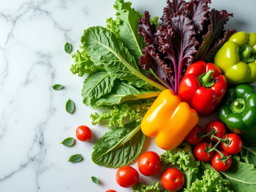 Colorful fresh produce, including tomatoes, peppers, and leafy greens