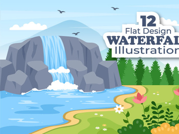 12 Waterfall Landscape Flat Design Illustration