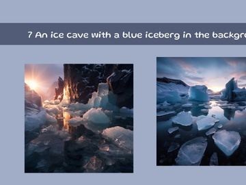 An ice cave with a blue iceberg in the background
