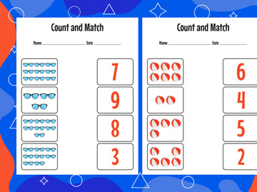 10 Pages Count and match with the correct number. Matching education game. Count how many items and choose the correct number