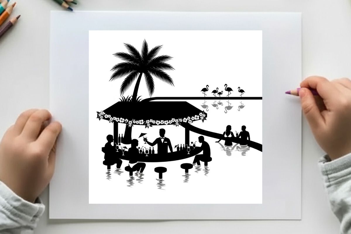 Silhouette of people on a boat under a palm tree