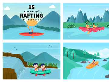 15 Rafting, Canoeing, Kayaking in the River Vector Illustration