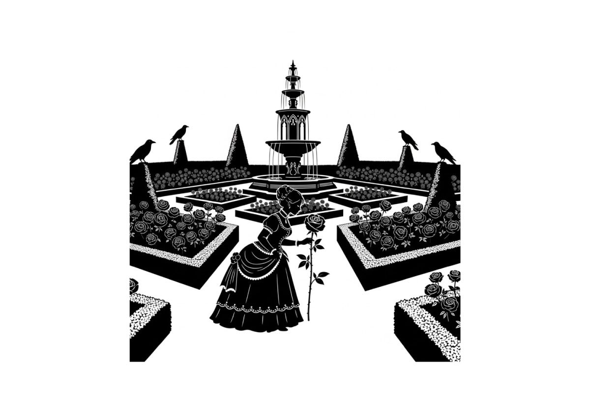 Silhouette of a woman in a mysterious garden with a fountain and ravens