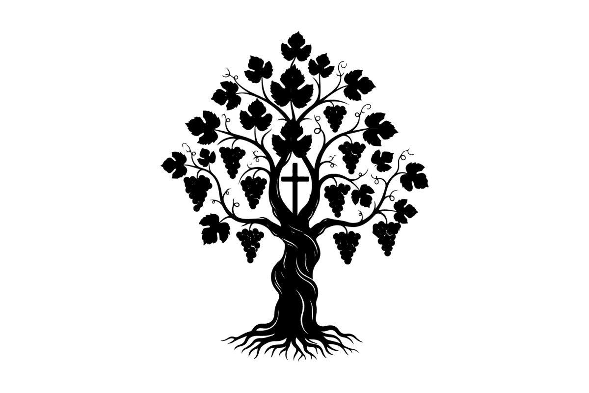 Silhouette of a grapevine tree with cross and roots