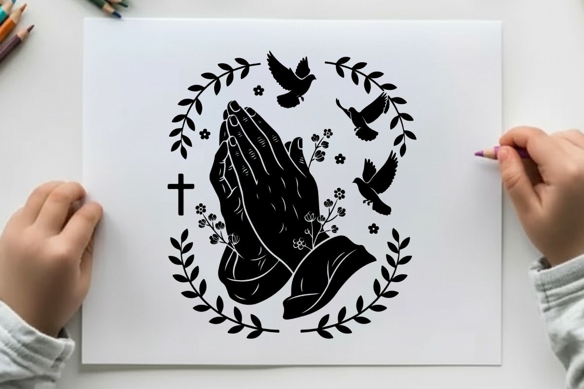 Praying hands silhouette with cross and doves