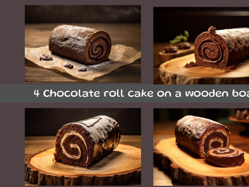 Chocolate roll cake on a wooden board