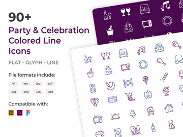 90+ Party and Celebration Colored Line Icons