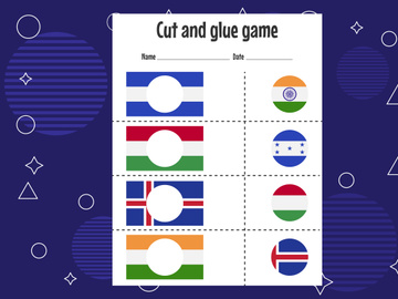 12 Pages Cut and glue game for kids with country flag. Cutting practice for preschoolers. Education paper game for children