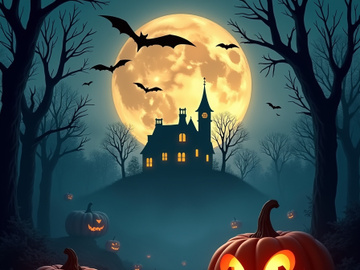 Spooky Halloween night background with glowing pumpkins.