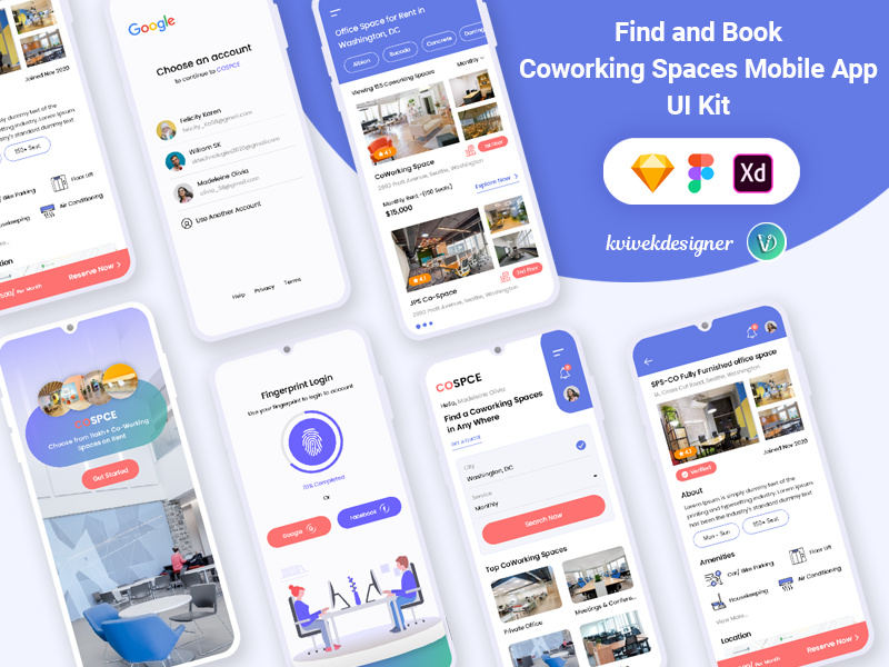 Find and Booking Coworking spaces Mobile App UI Kit by ~ EpicPxls