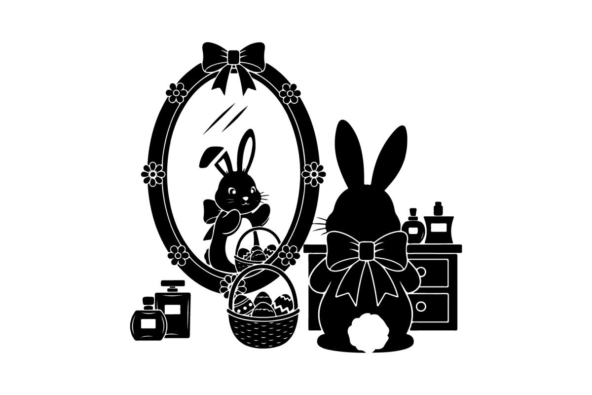Easter bunny silhouette admires reflection in ornate mirror with bow
