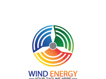 Wind energy logo. renewable energy icon with wind turbines and thunder bolt isolated on white background