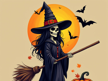 A cartoon illustration presents a skeleton witch with a broom