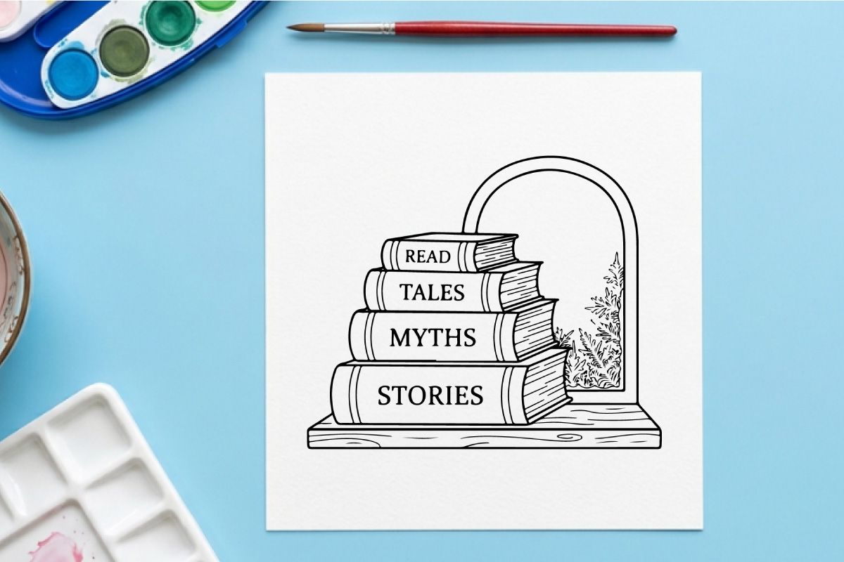 Stapel Bücher mit Winterfensterblick, Strichzeichnungs-Illustration für Weihnachtslektüre.