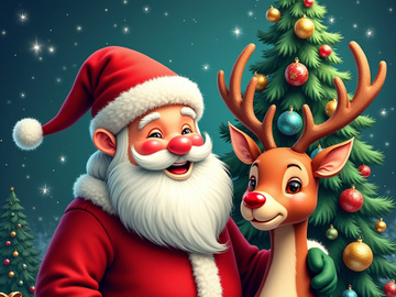 A festive illustration shows Santa Claus with a reindeer beside a decorated Christmas tree.