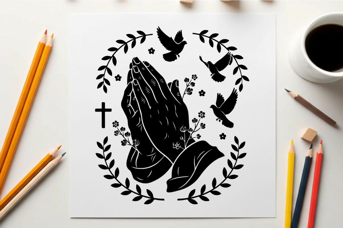 Praying hands silhouette with cross and doves