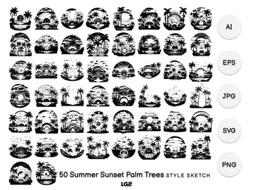 Summer Sunset Palm Trees Element Black