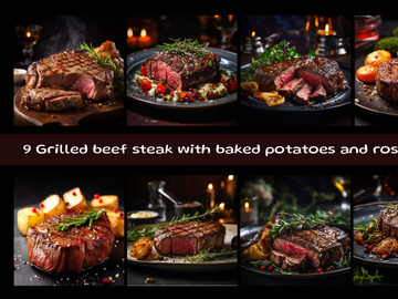 Grilled beef steak with baked potatoes and rosemary