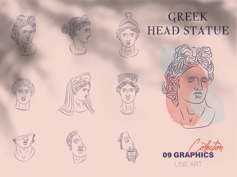 Set of statue face of greek with flowers. Ancient portrait of marble sculpture in creative linear style. Head of woman in trendy broken style. Vector collection illustration.