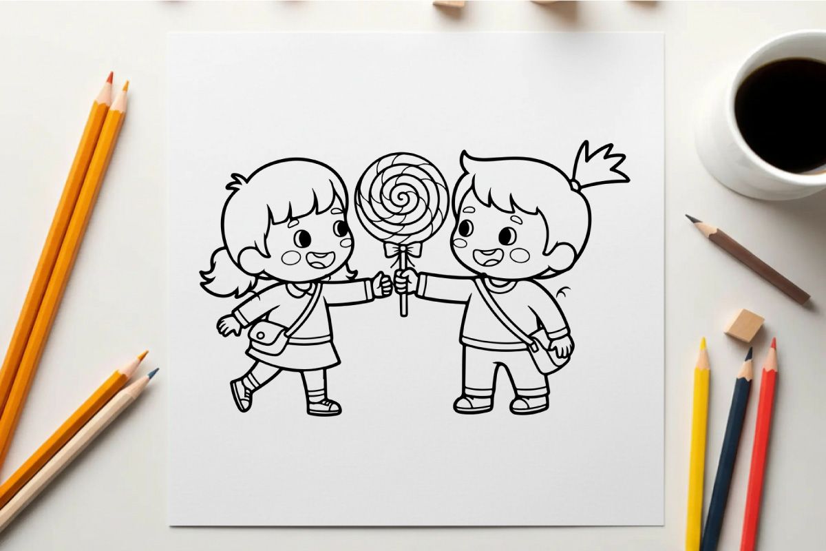 Children sharing lollipop happy friendship vector illustration