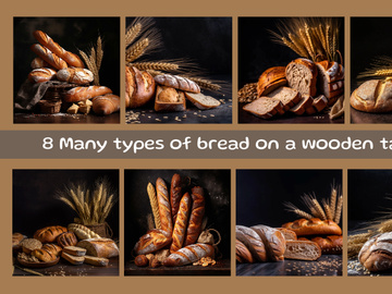 Many types of bread on a wooden table