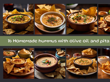 Homemade hummus with olive oil and pita chips
