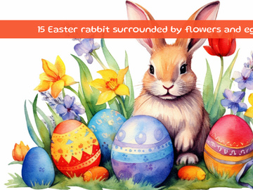 Easter rabbit surrounded by flowers and eggs