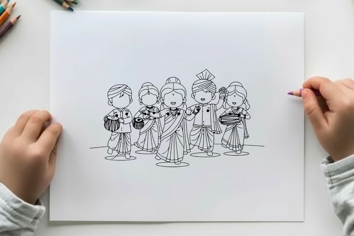 Ilustrasi vektor anak-anak India mengenakan pakaian tradisional desain datar