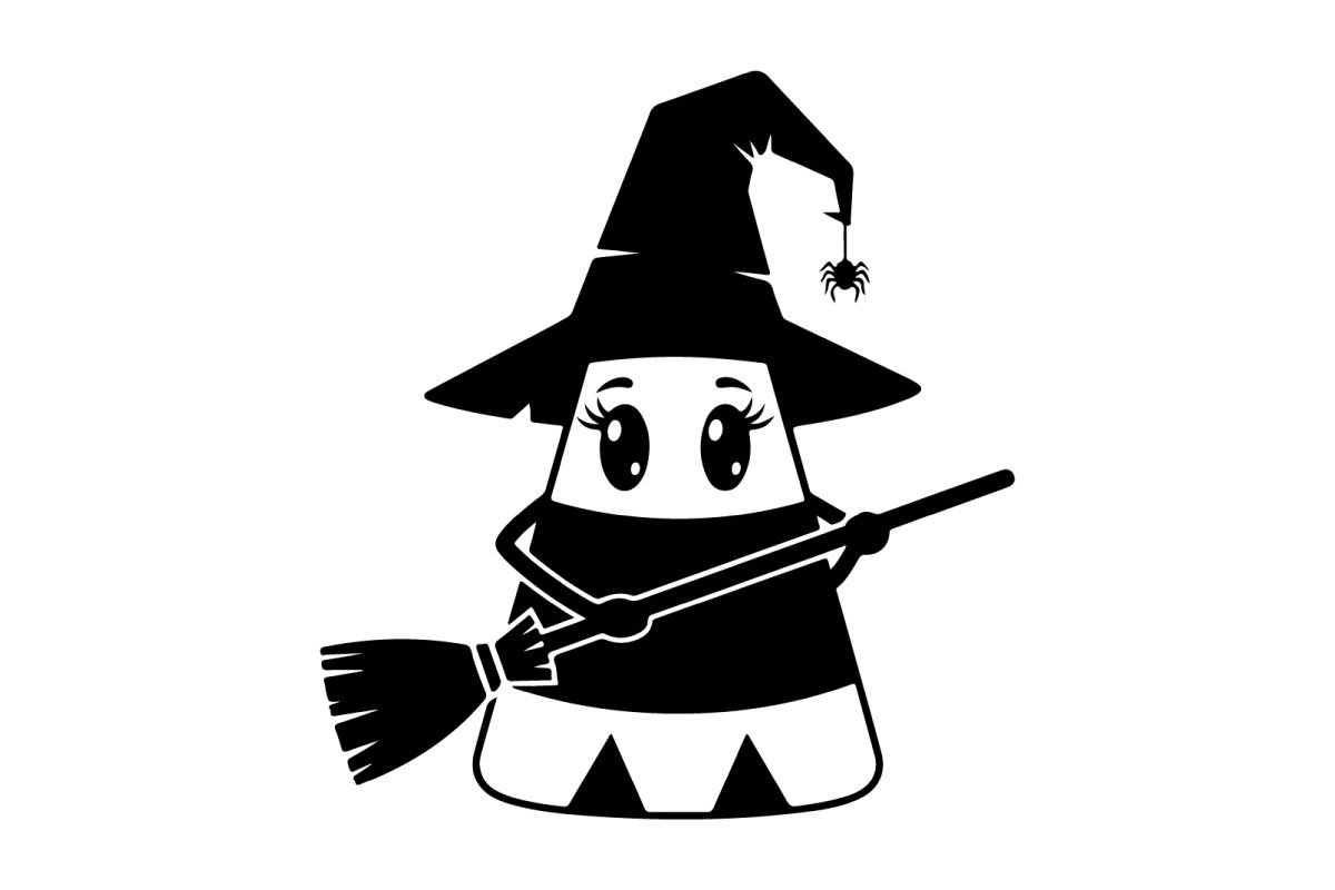 A cute cartoon ghost wearing a witch hat silhouette