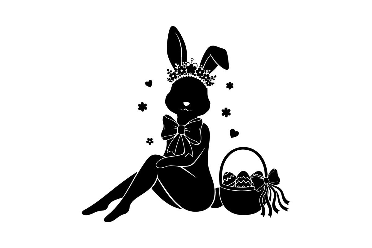 Easter bunny silhouette with crown and basket of eggs