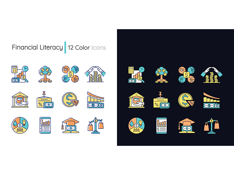 Financial literacy light and dark theme RGB color icons set ~ EpicPxls