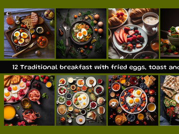 Traditional breakfast with fried eggs, toast and fruits