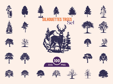 Silhouettes Trees Set, Pine Tree fir pruce cedar white patch alder elm birch ash cypress beech palm tree.