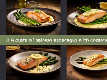 A plate of salmon asparagus with creamy sauce