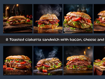 Toasted ciabatta sandwich with bacon, cheese and tomato