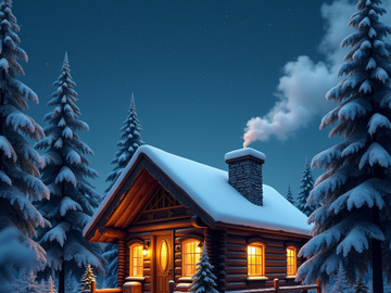 A rustic, wooden cabin sits nestled amongst snow-covered pine trees.