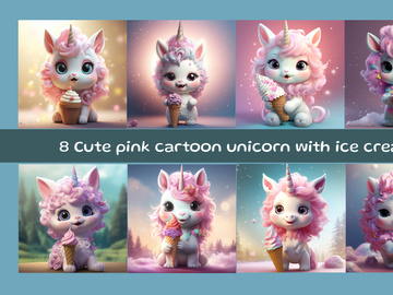 Cute pink cartoon unicorn with ice cream
