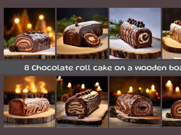 Chocolate roll cake on a wooden board